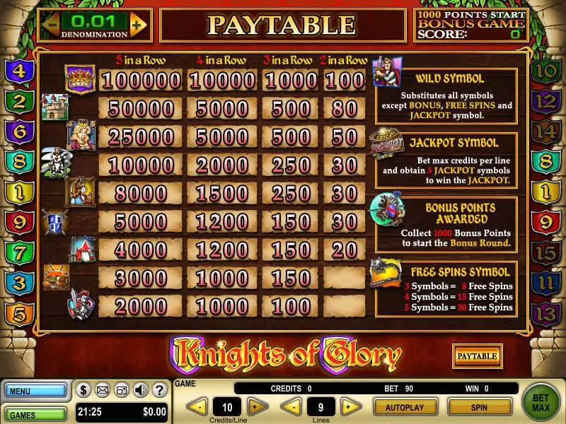 Info and Rules - GTECH Knights of Glory Slot