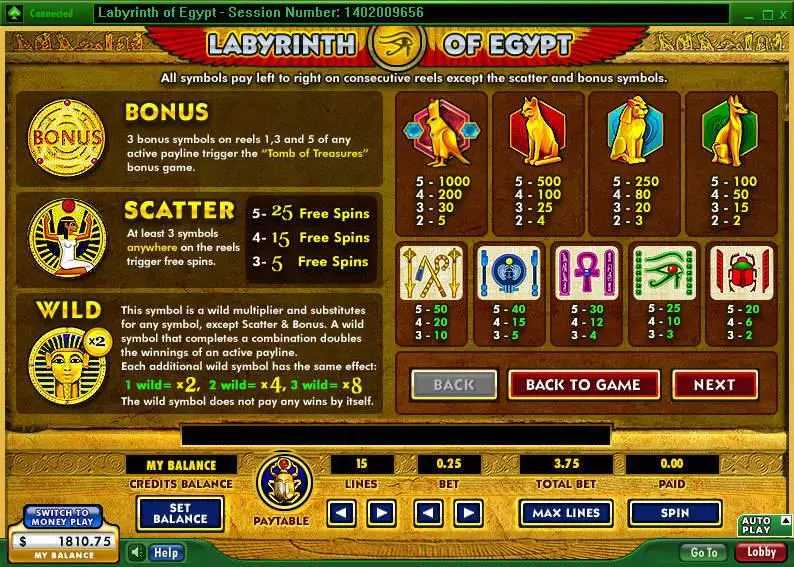 Info and Rules - 888 Labyrinth of Egypt Slot