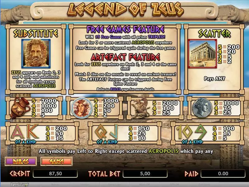 Info and Rules - bwin.party Legend of Zeus Slot