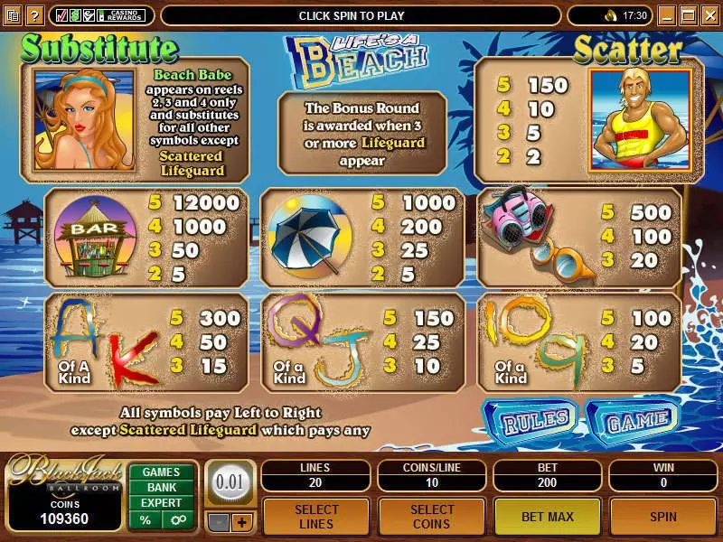 Info and Rules - Microgaming Lifes a Beach Slot