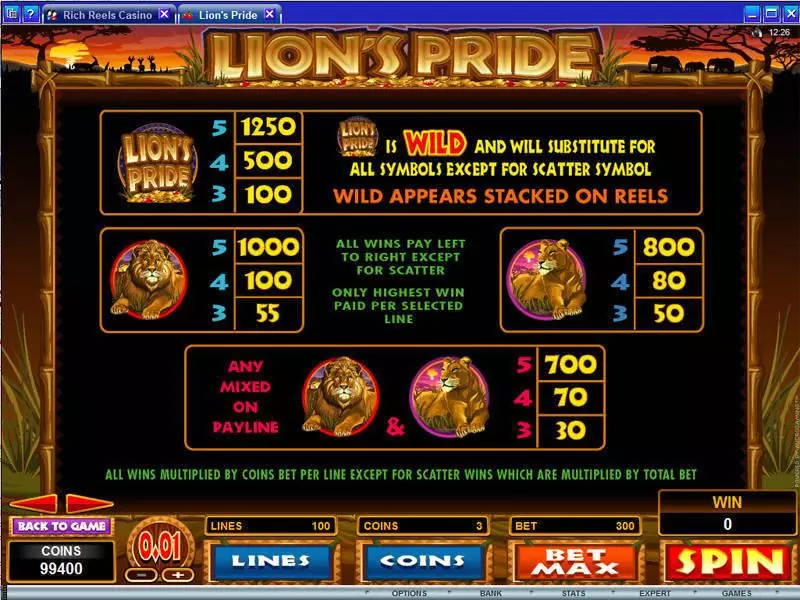 Info and Rules - Microgaming Lion's Pride Slot