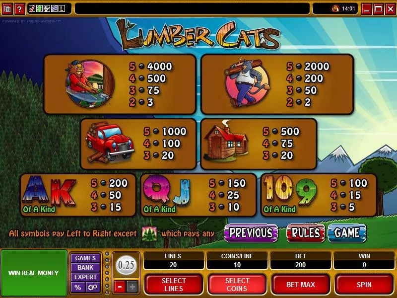 Info and Rules - Microgaming Lumber Cats Slot