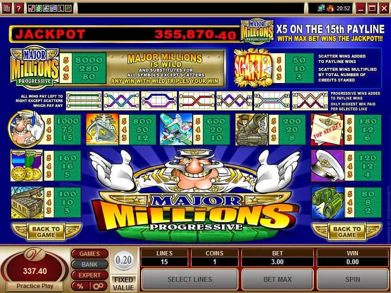 Info and Rules - Microgaming Major Millions 5-Reels Slot