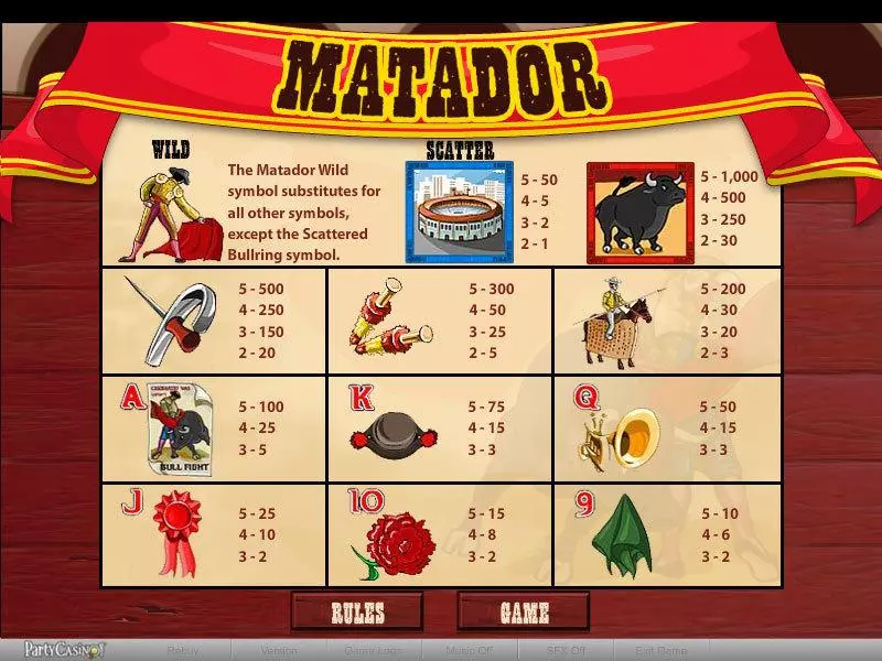 Info and Rules - bwin.party Matador Slot
