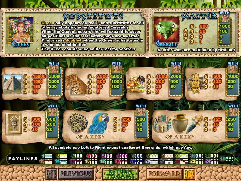 Info and Rules - RTG Mayan Queen Slot