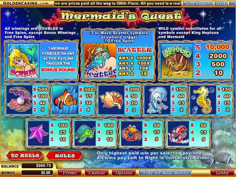 Info and Rules - WGS Technology Mermaid's Quest Slot