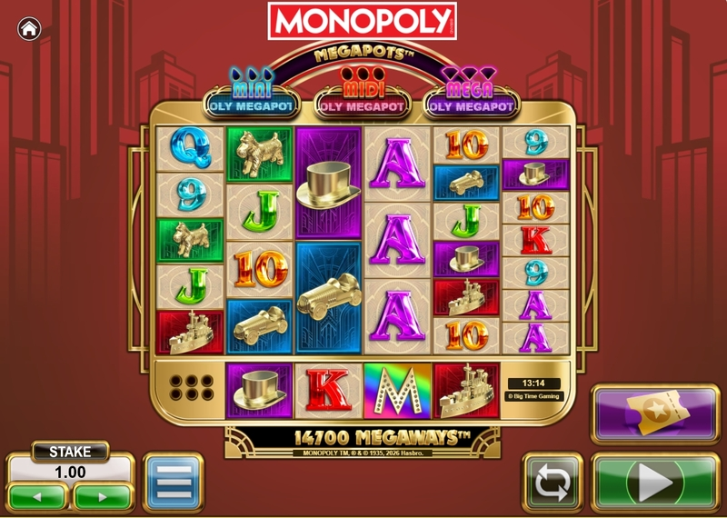 Main Screen Reels - Big Time Gaming Monopoly Megapots Slot