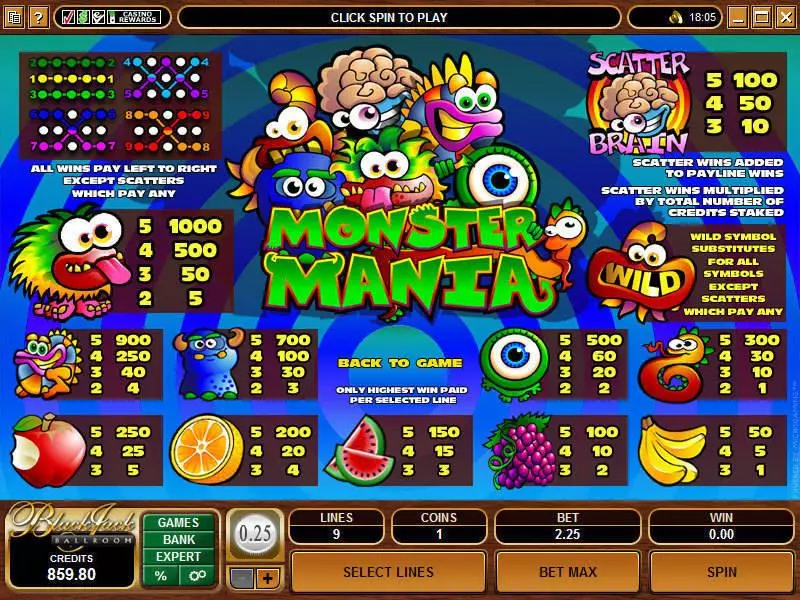 Info and Rules - Microgaming Monster Mania Slot