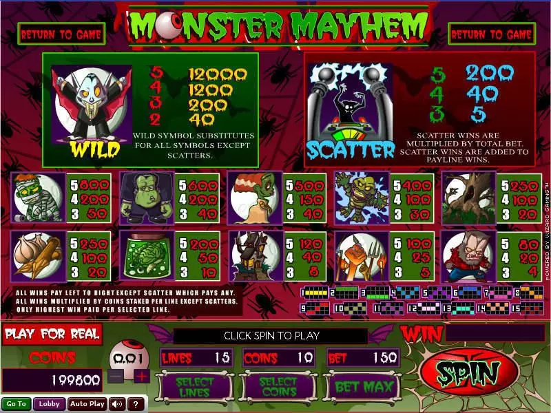 Info and Rules - Wizard Gaming Monster Mayhem Slot