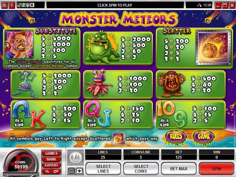 Info and Rules - Microgaming Monster Meteors Slot