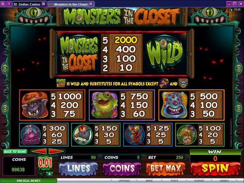 Info and Rules - Microgaming Monsters in the Closet Slot