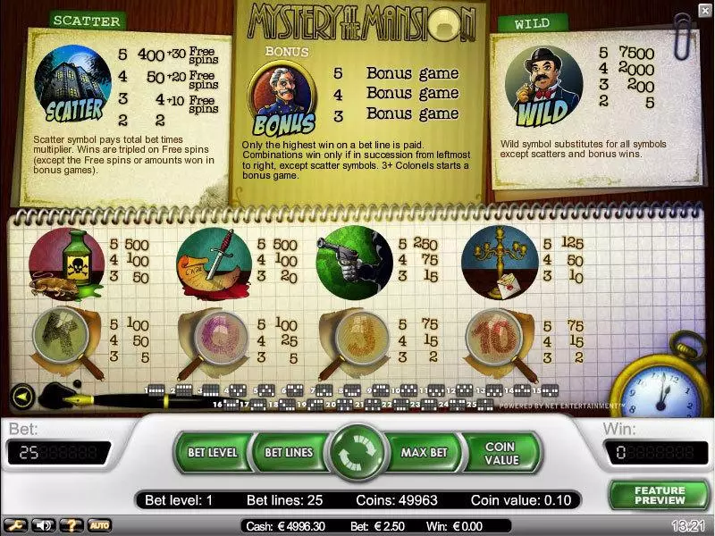 Info and Rules - NetEnt Mystery at the Mansion Slot