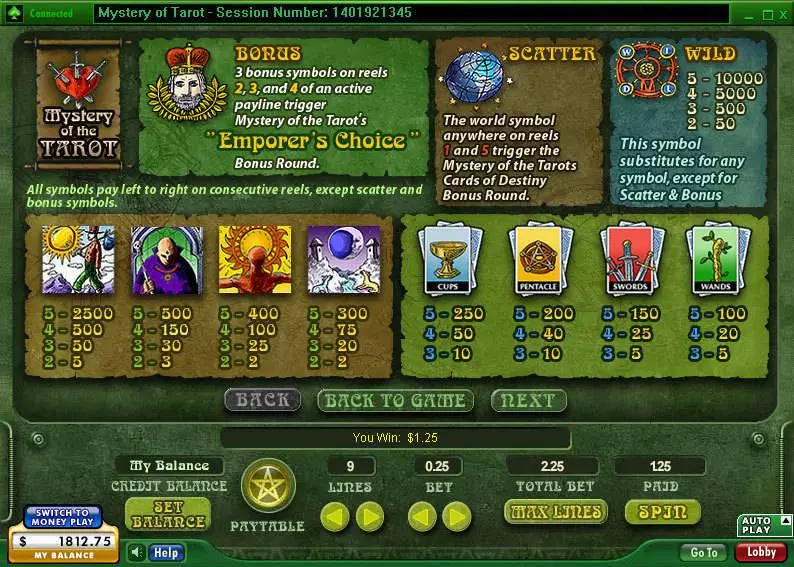 Info and Rules - 888 Mystery of the Tarot Slot