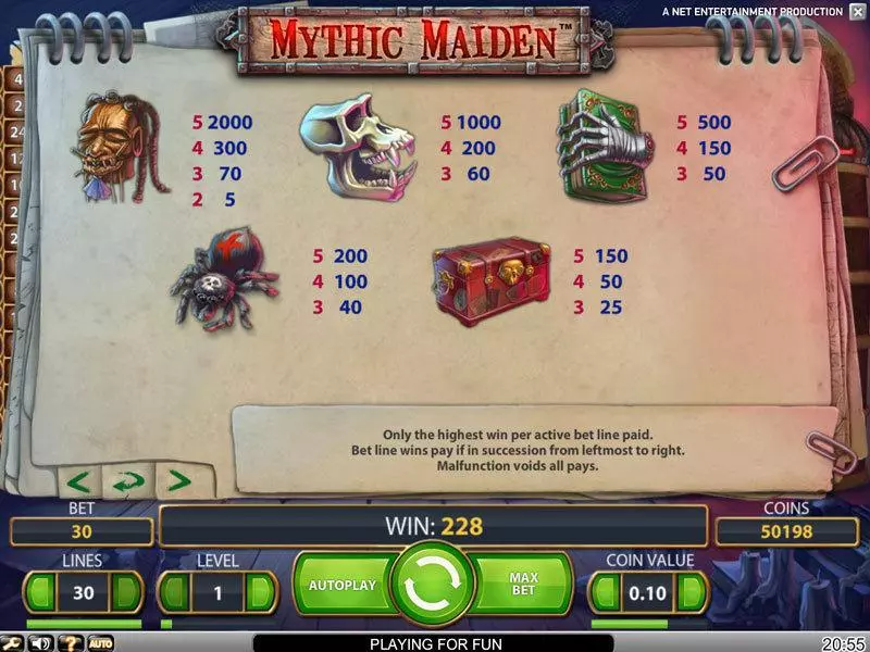 Info and Rules - NetEnt Mythic Maiden Slot