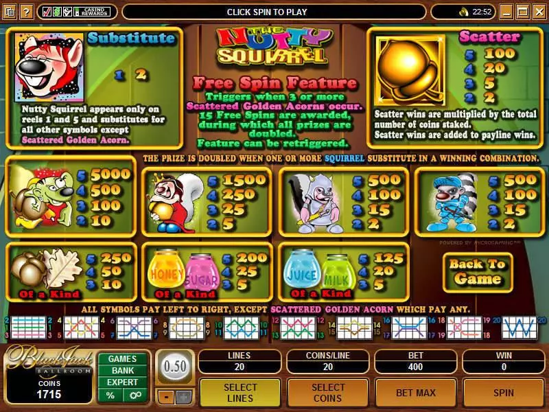 Info and Rules - Microgaming Nutty Squirrel Slot