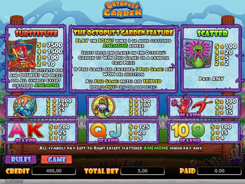 Info and Rules - bwin.party Octopus's Garden Slot