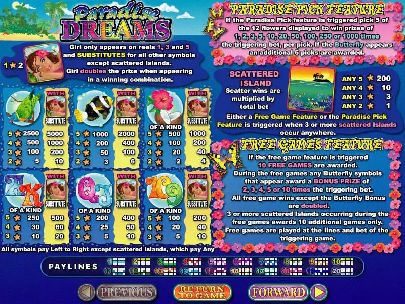 Info and Rules - RTG Paradise Dreams Slot