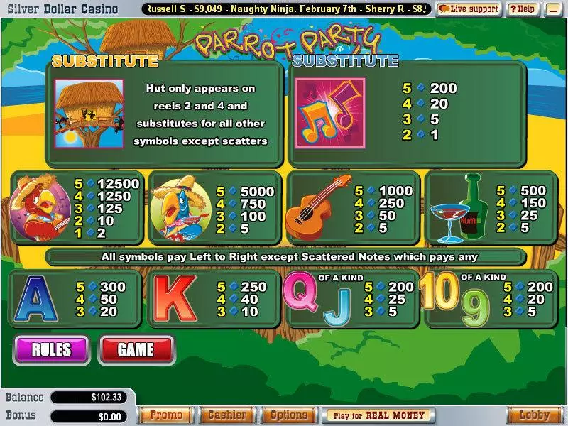 Info and Rules - WGS Technology Parrot Party Slot