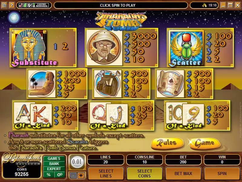 Info and Rules - Microgaming Pharaoh's Tomb Slot