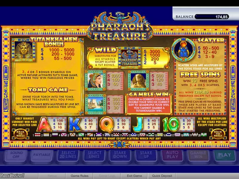 Info and Rules - bwin.party Pharaoh's Treasure Slot