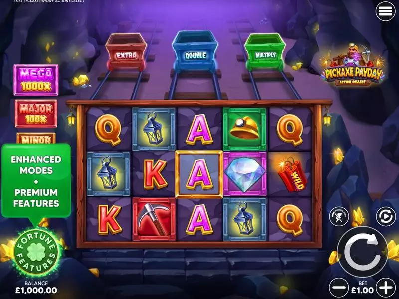Main Screen Reels - Four Leaf Gaming Pickaxe Payday Action Collect Slot