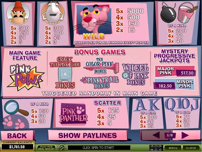 Info and Rules - PlayTech Pink Panther Slot