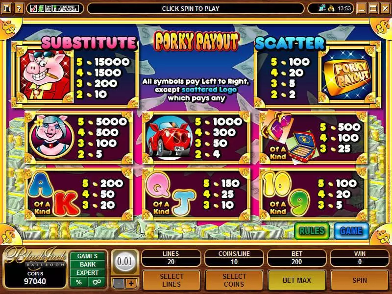 Info and Rules - Microgaming Porky Payout Slot