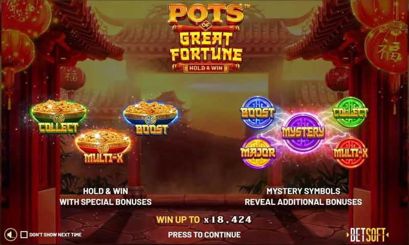 Introduction Screen - BetSoft Pots of Great Fortune - Hold & Win Slot
