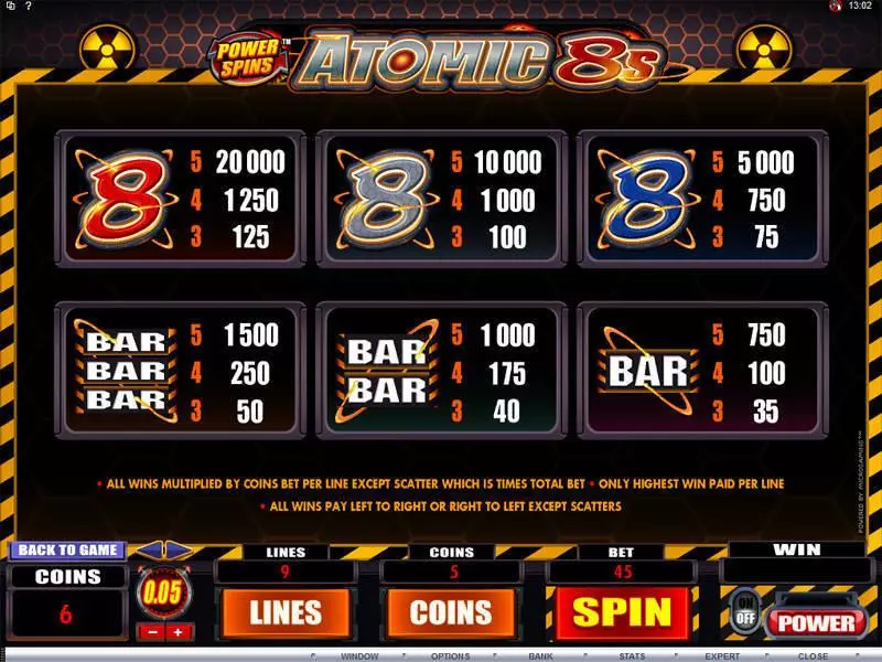 Info and Rules - Microgaming Power Spins - Atomic 8's Slot