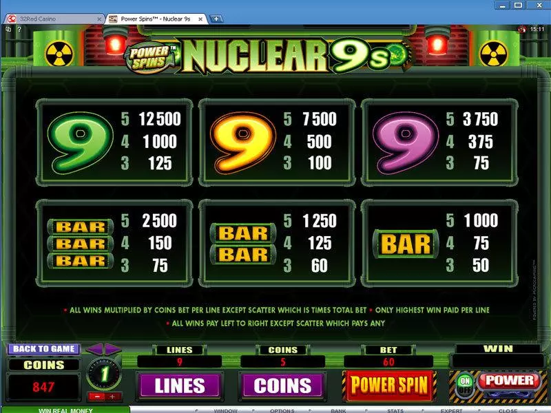Info and Rules - Microgaming Power Spins - Nuclear 9's Slot