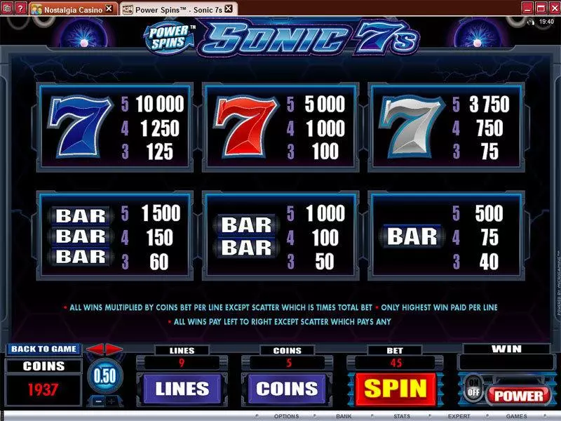 Info and Rules - Microgaming Power Spins - Sonic 7's Slot