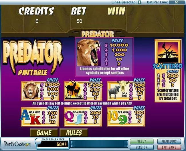 Info and Rules - bwin.party Predator Slot