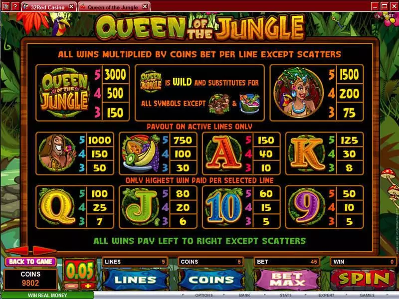 Info and Rules - Microgaming Queen of the Jungle Slot