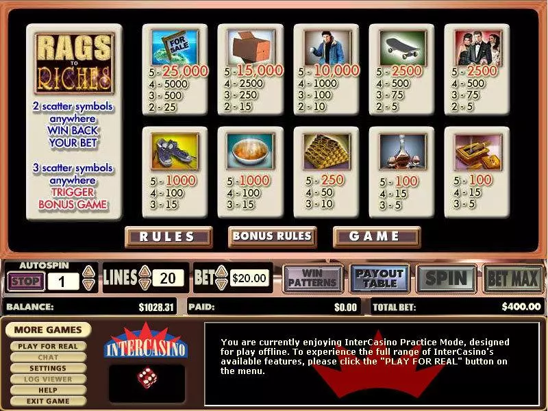 Info and Rules - CryptoLogic Rags to Riches 20 Lines Slot