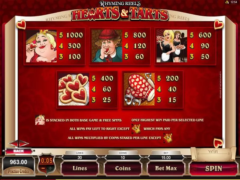 Info and Rules - Microgaming Rhyming Reels - Hearts and Tarts Slot