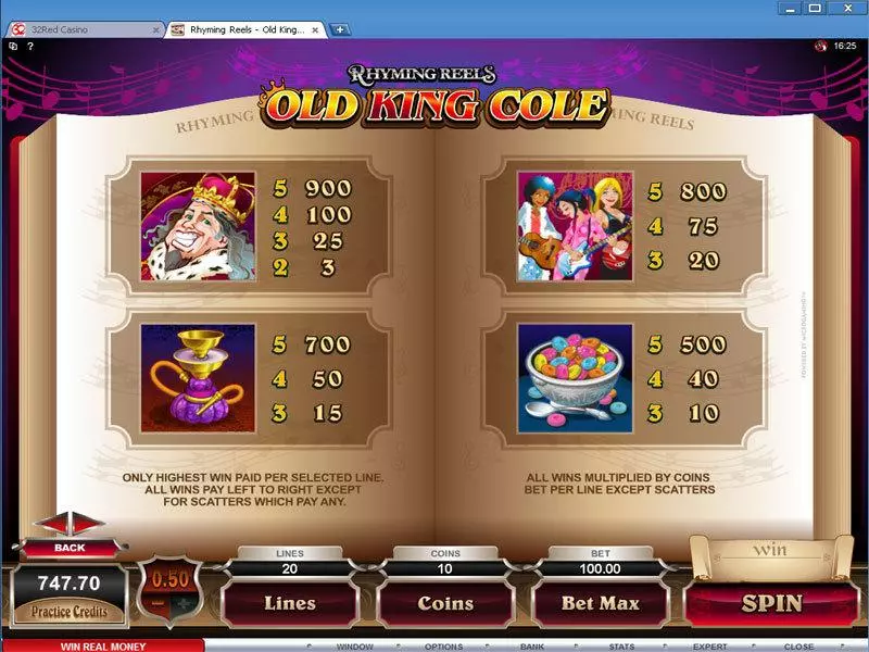 Info and Rules - Microgaming Rhyming Reels - Old King Cole Slot