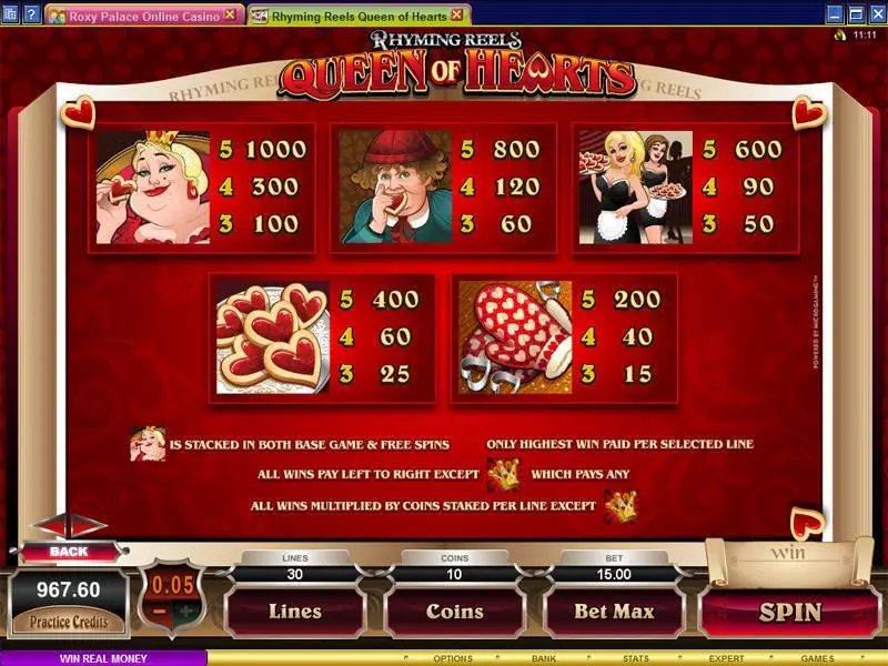 Info and Rules - Microgaming Rhyming Reels - Queen of Hearts Slot