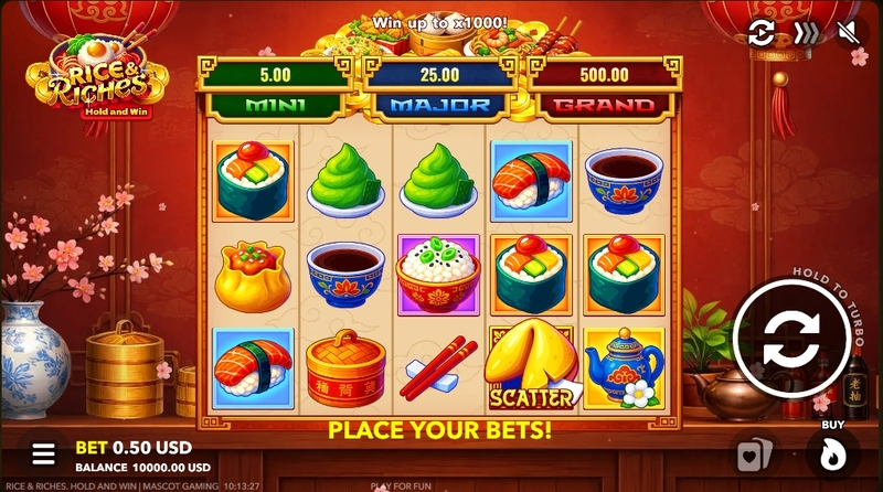 Main Screen Reels - Mascot Gaming Rice and Riches Slot