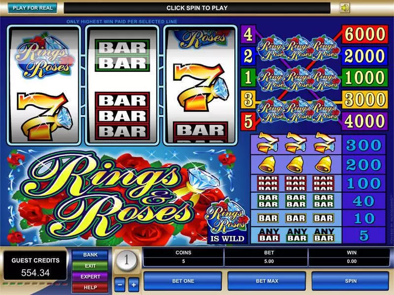 Main Screen Reels - Microgaming Rings and Roses Slot