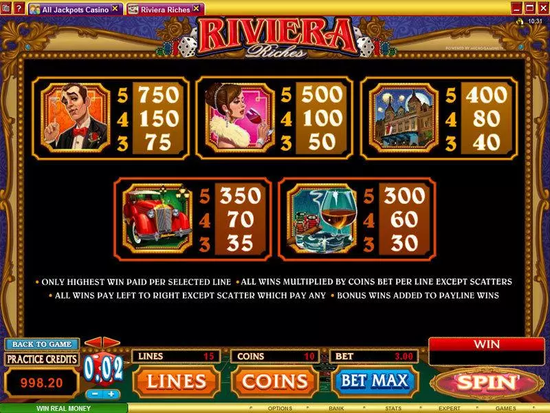 Info and Rules - Microgaming Riviera Riches Slot