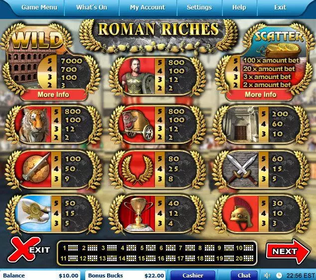 Info and Rules - Leap Frog Roman Riches Slot