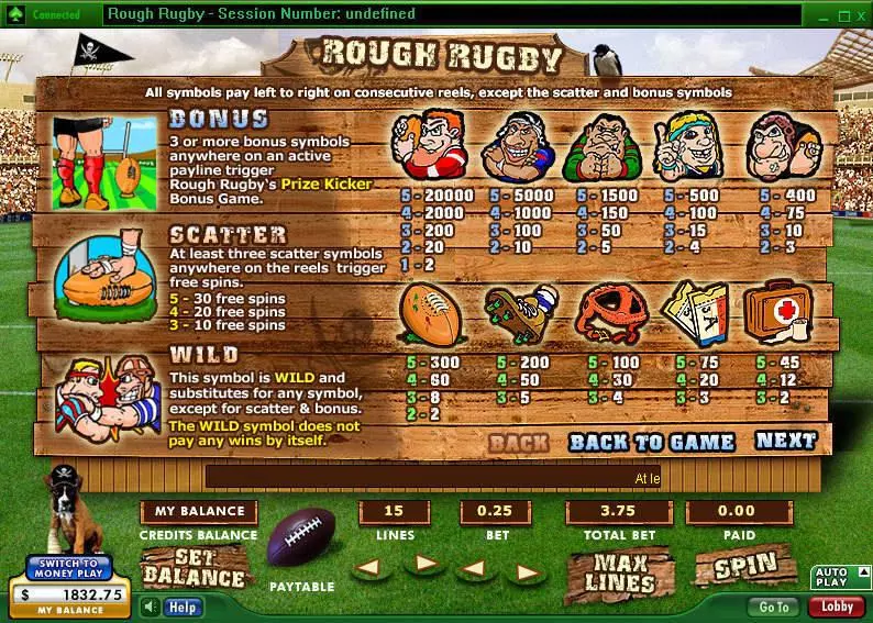 Info and Rules - 888 Rough Rugby Slot