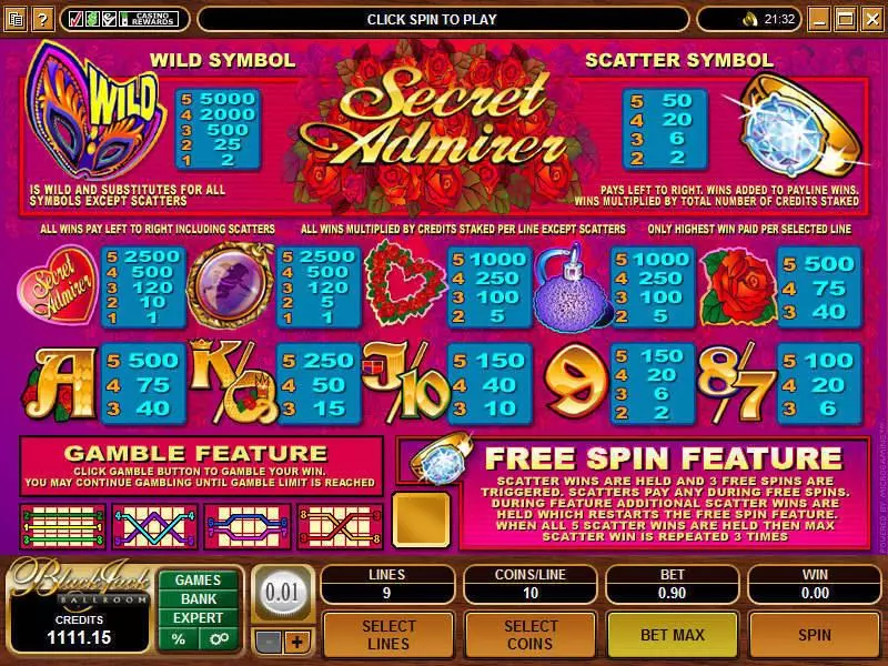 Info and Rules - Microgaming Secret Admirer Slot