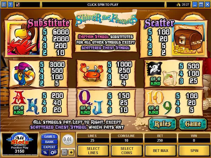 Info and Rules - Microgaming Shiver Me Feathers Slot