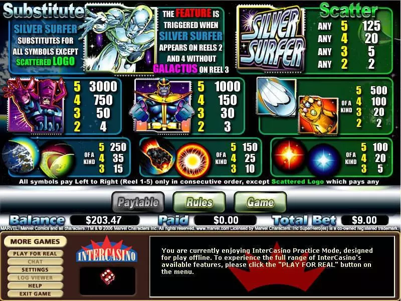 Info and Rules - CryptoLogic Silver Surfer Slot