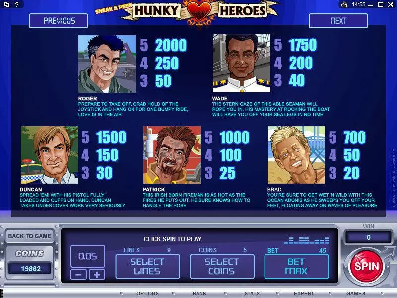 Info and Rules - Microgaming Sneak a Peek - Hunky Heroes Slot