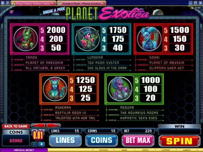Info and Rules - Microgaming Sneak a Peek - Planet Exotica Slot