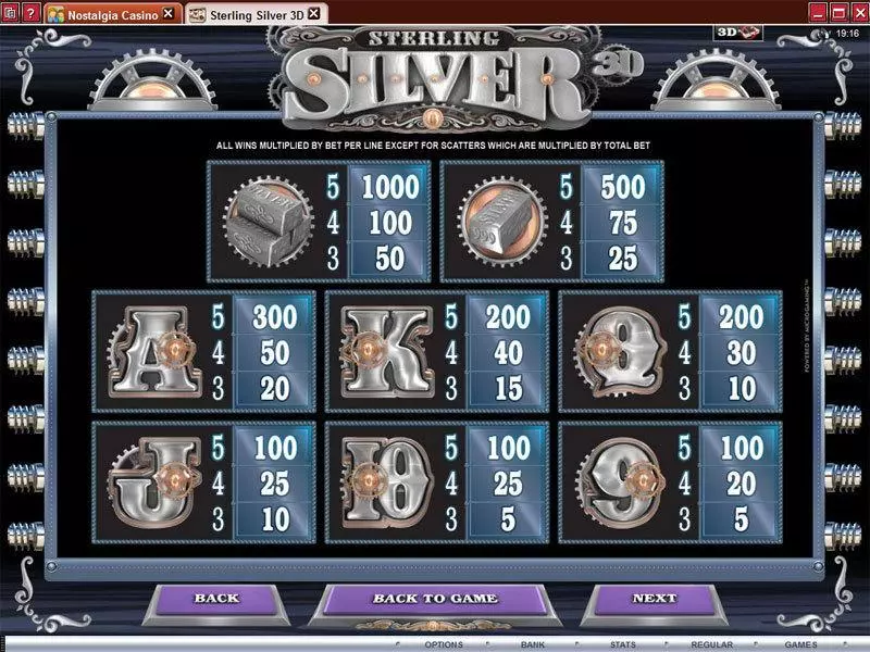 Info and Rules - Microgaming Sterling Silver 3D Slot