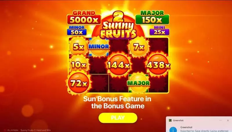 Introduction Screen - Playson Sunny Fruits 2: Hold and Win Slot