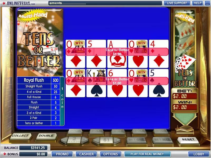Introduction Screen - WGS Technology Tens or Better 2 Hands Poker Video Poker